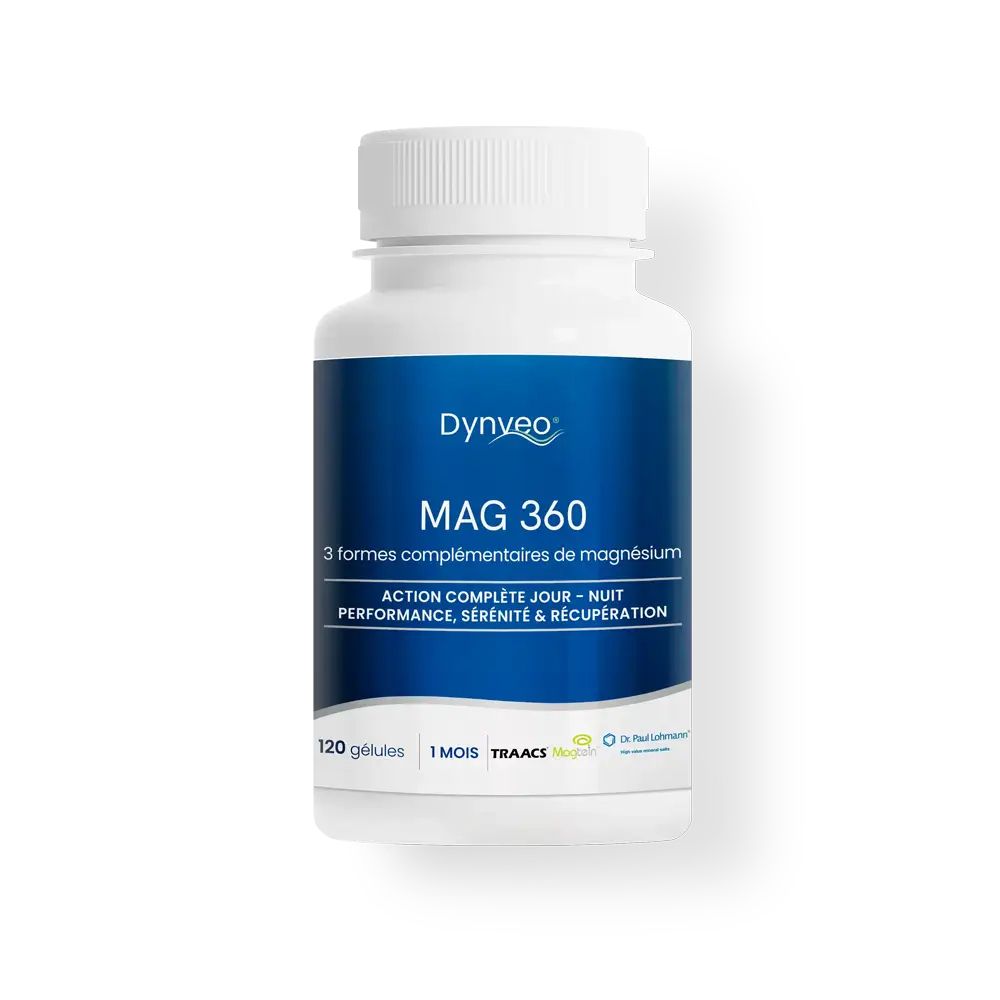 Bouteille blanche avec étiquette bleue pour Dynveo MAG 360 Magnésium, 120 gélules.