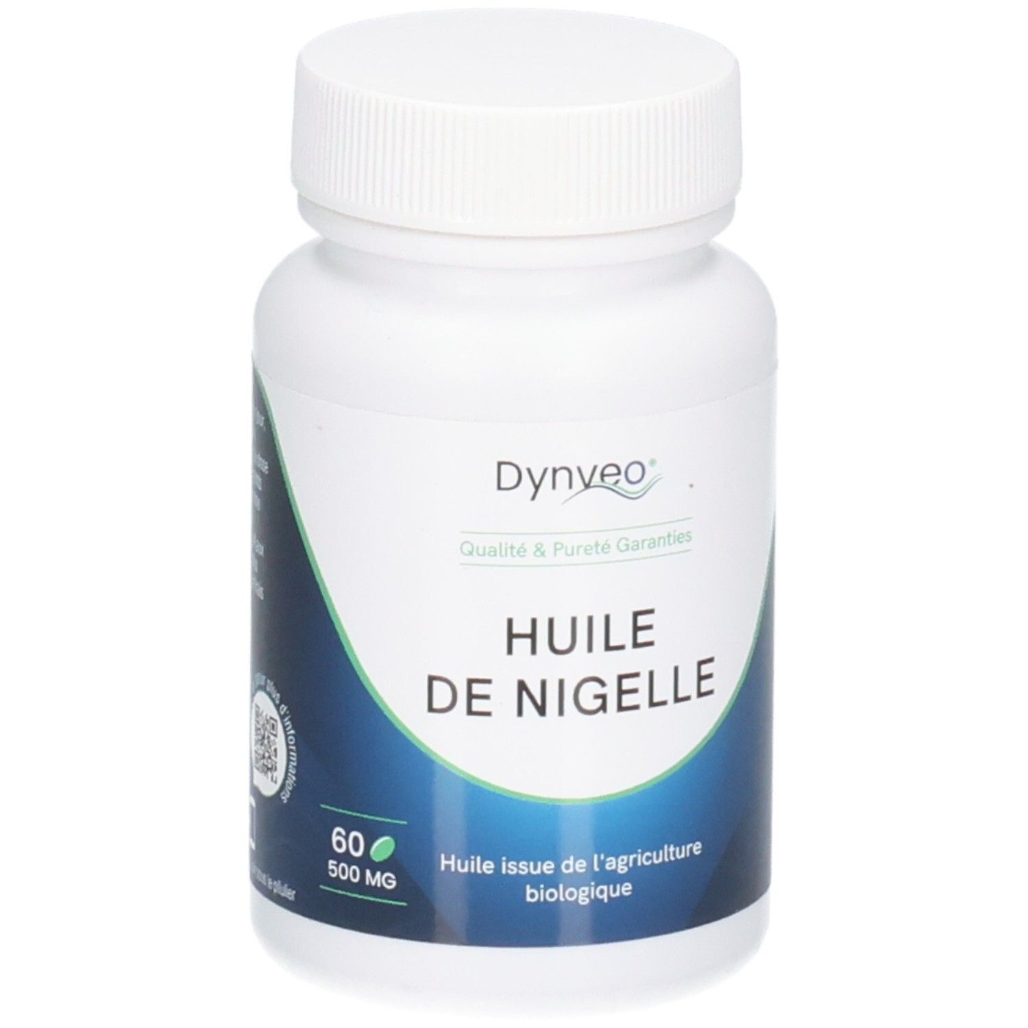 Flacon blanc de gélules. Inscription: DYNVEO, Huile de Nigelle. 60 gélules, 500 MG. Huile issue de l'agriculture biologique.