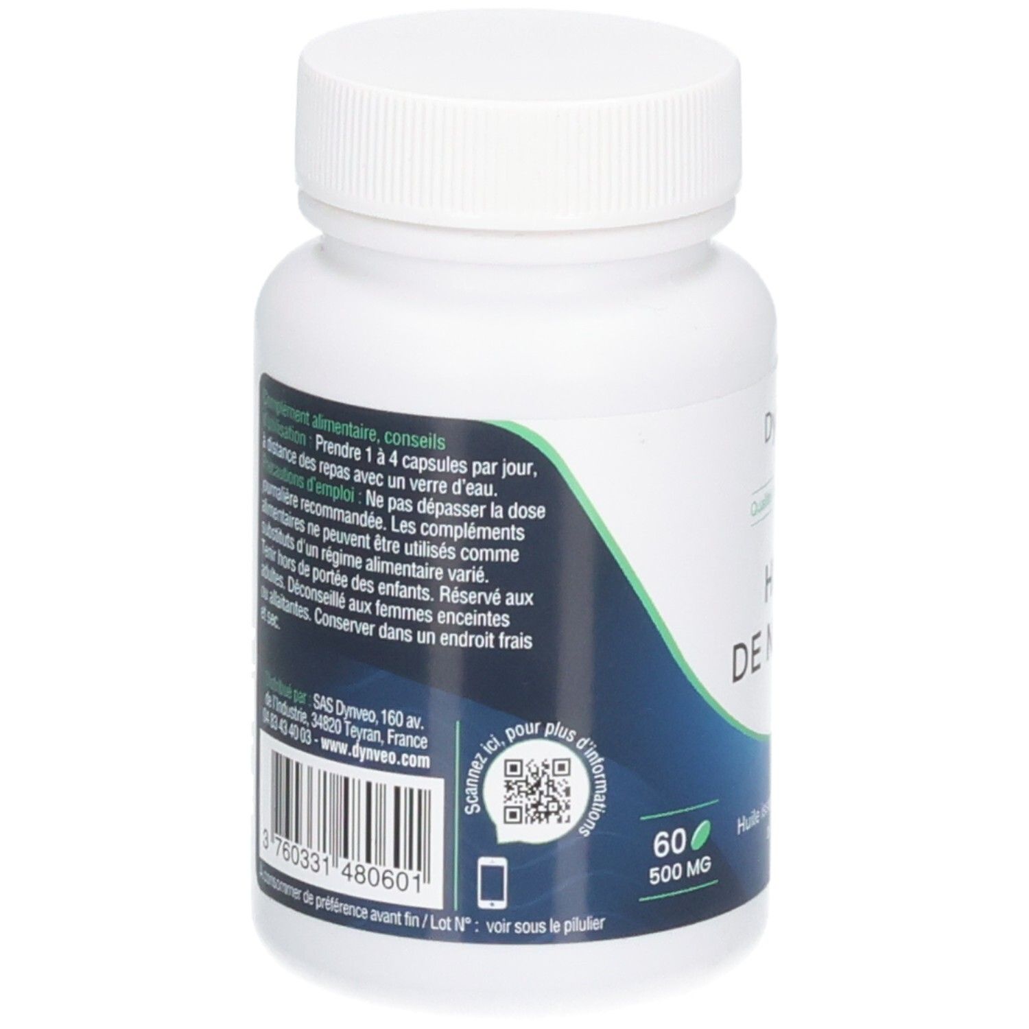 Dos de la bouteille. Texte: dosage, ingrédients, avertissements. Code QR et code-barres. 60 gélules, 500 MG.
