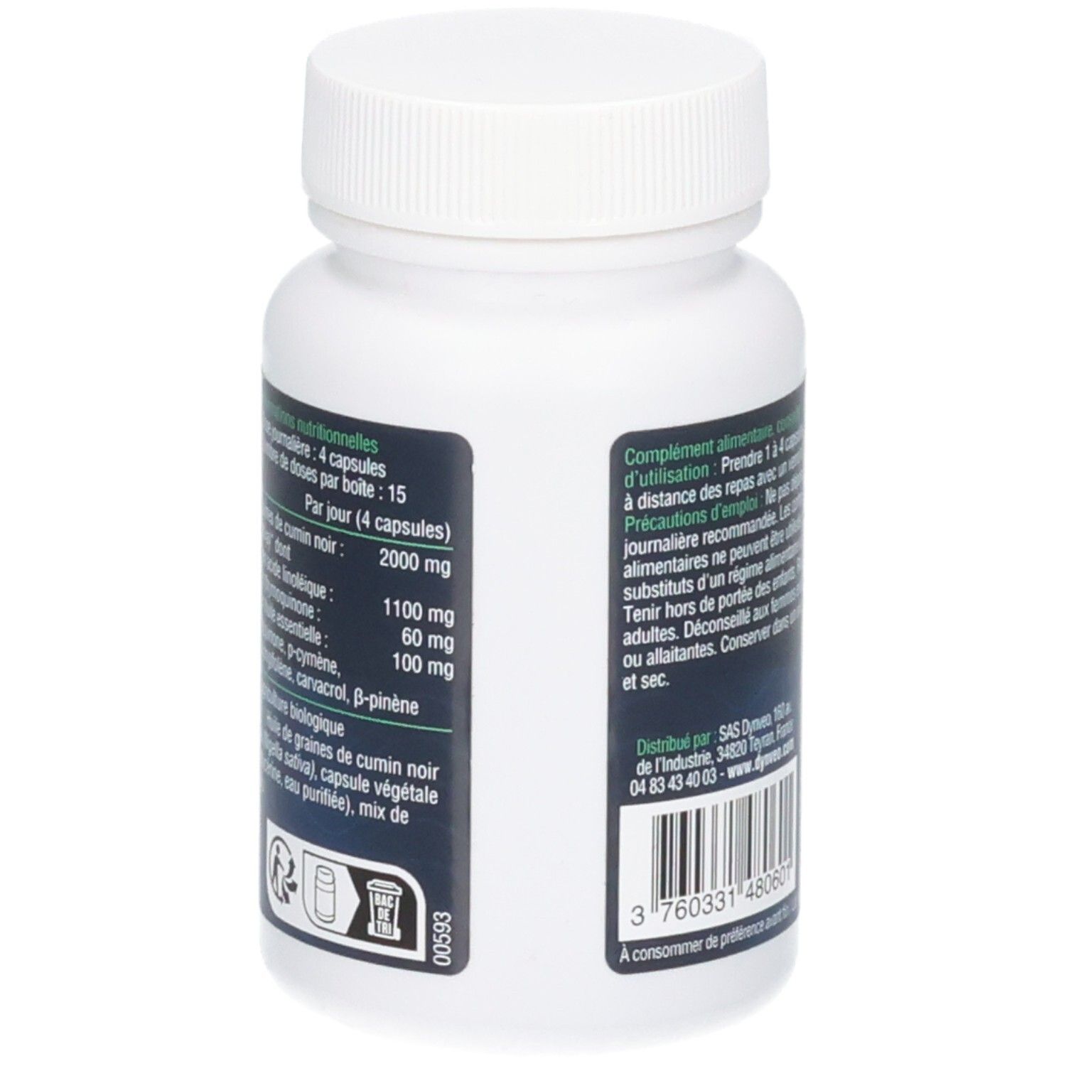 Dos de la bouteille. Texte: informations nutritionnelles, ingrédients. Symbole de poubelle. 60 gélules, 500 MG.