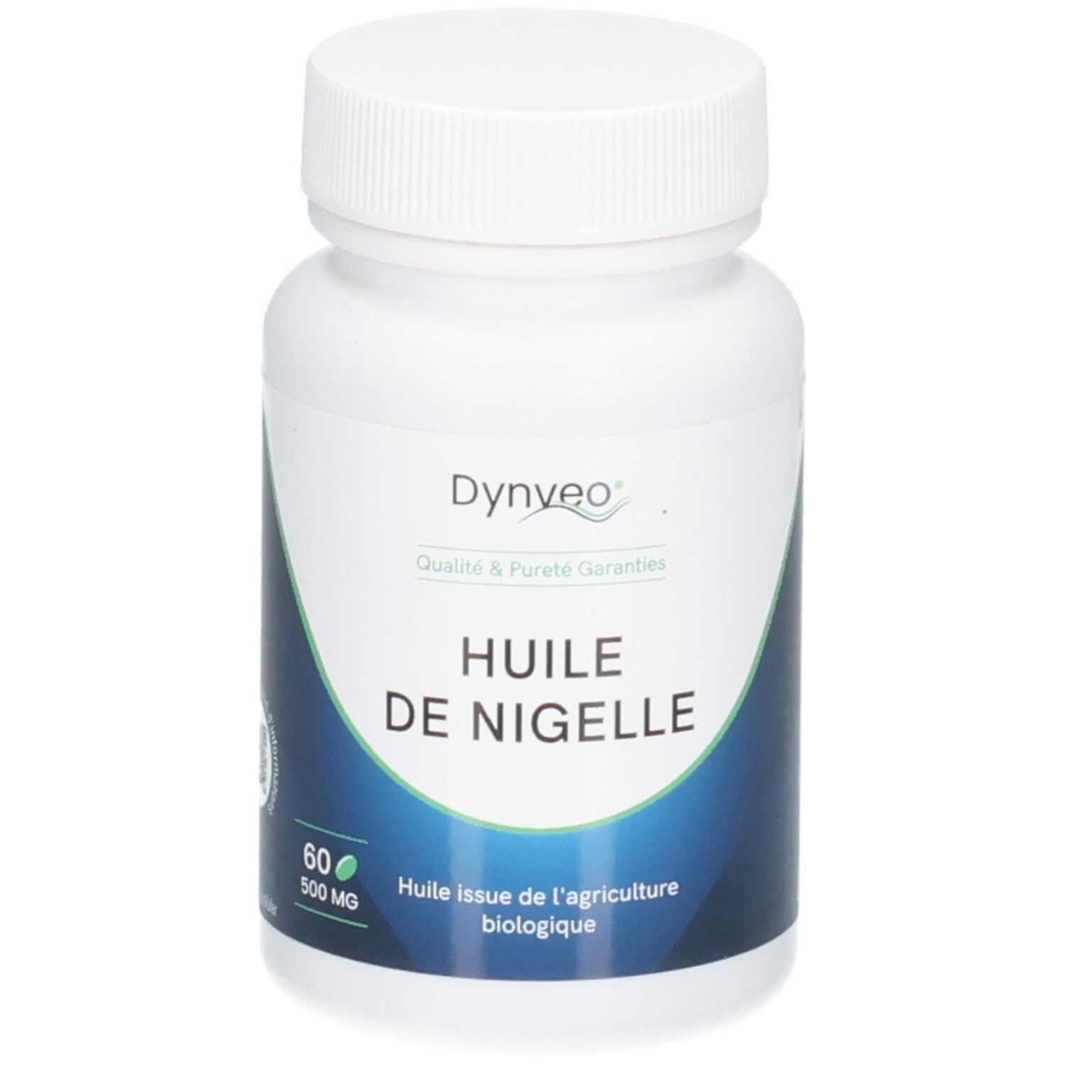 Flacon blanc de gélules. Inscription: DYNVEO, Huile de Nigelle. 60 gélules, 500 MG. Huile issue de l'agriculture biologique.