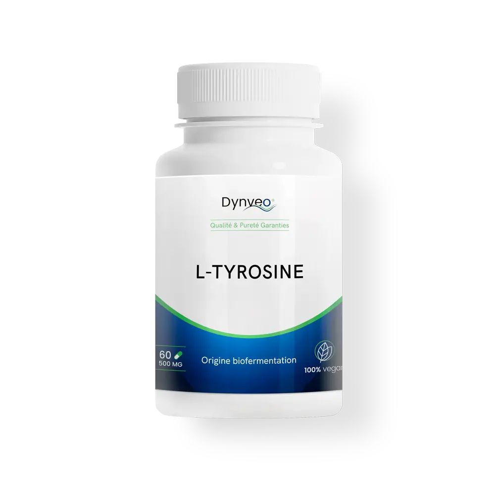 Bouteille blanche de capsules L-Tyrosine, 60 gélules, 500 mg par gélule, vegan.
