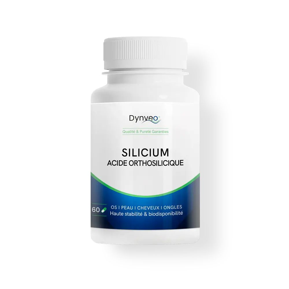 Flacon blanc de gélules avec étiquette bleue indiquant Silicium Acide Orthosilicique.