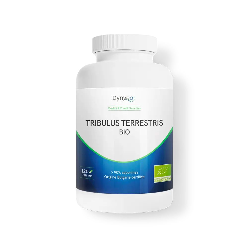 Pot blanc de gélules Tribulus Terrestris Bio. Contient 120 gélules de 525 mg.