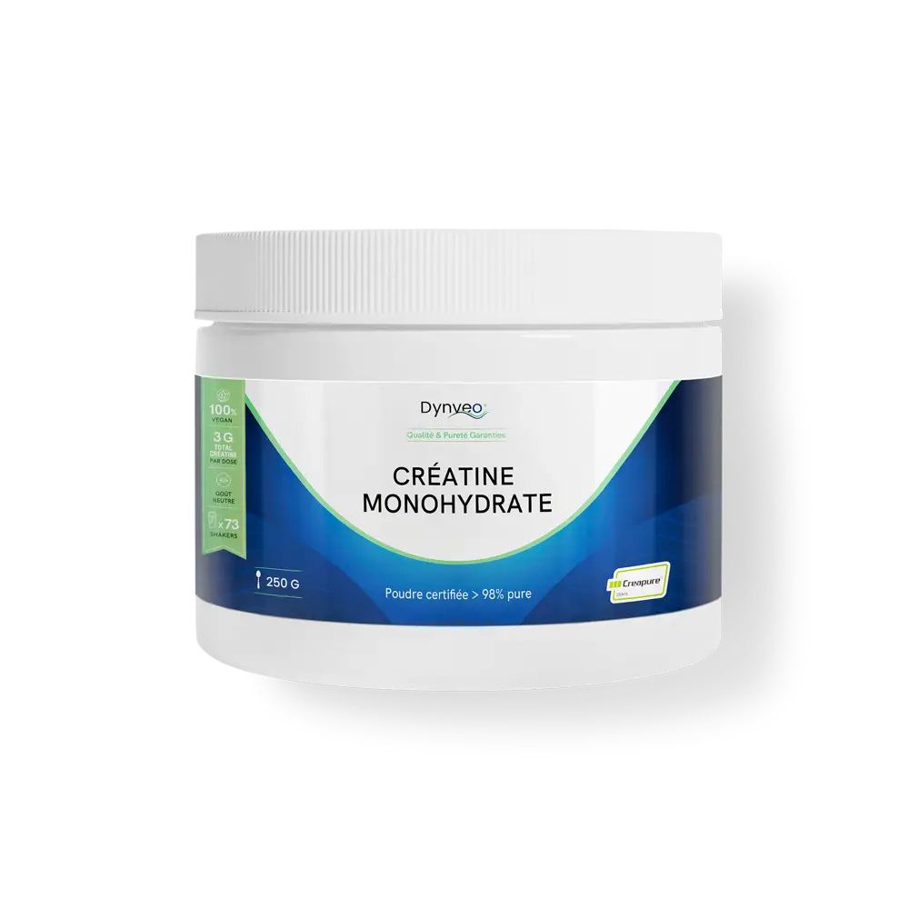 Poudre de créatine monohydrate DYNVEO dans un pot blanc, 250g.