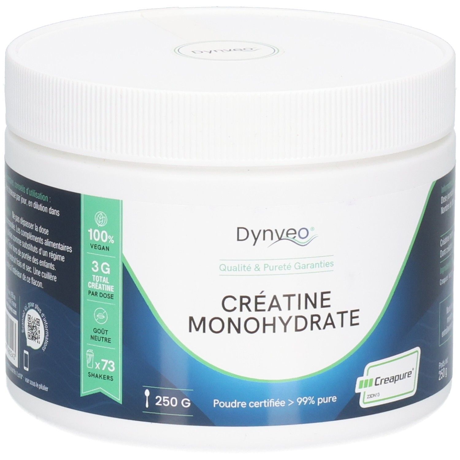 Pot blanc avec couvercle. Inscription : CRÉATINE MONOHYDRATE, 250 G, Dynveo. Étiquettes vertes et blanches avec informations. Logo Creapure.