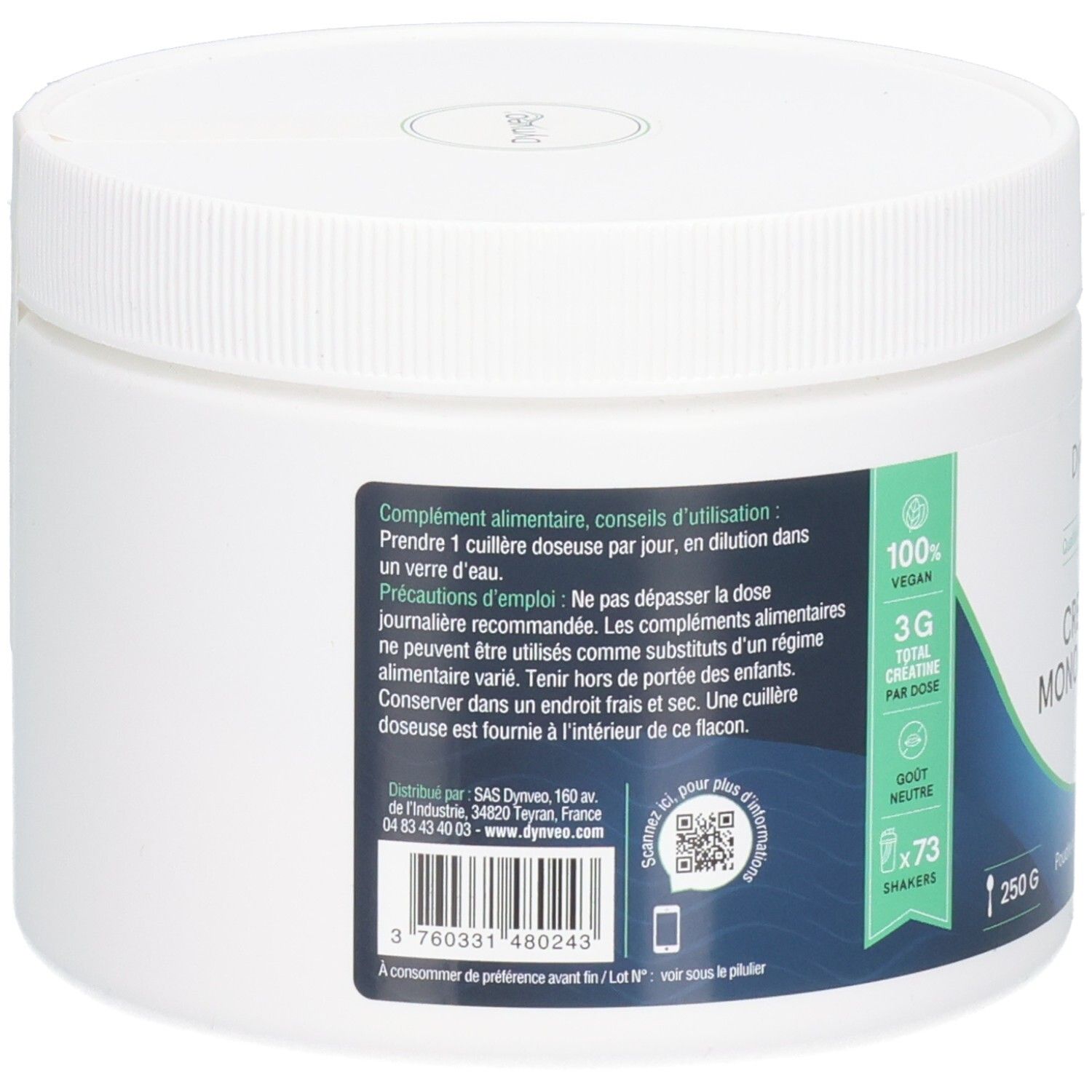 Dos d'un pot blanc. Texte : CRÉATINE MONOHYDRATE, 250 G, Dynveo. Étiquette avec informations, code QR et code-barres.
