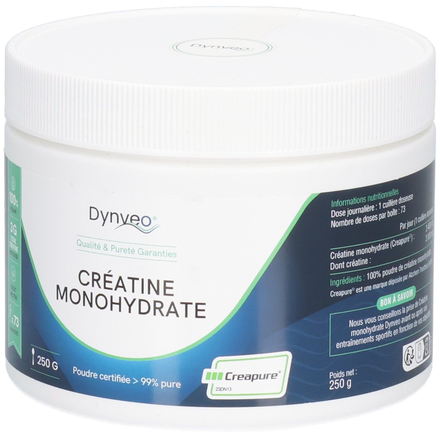 Pot blanc avec couvercle. Inscription : CRÉATINE MONOHYDRATE, 250 G, Dynveo. Étiquette avec informations. Logo Creapure.