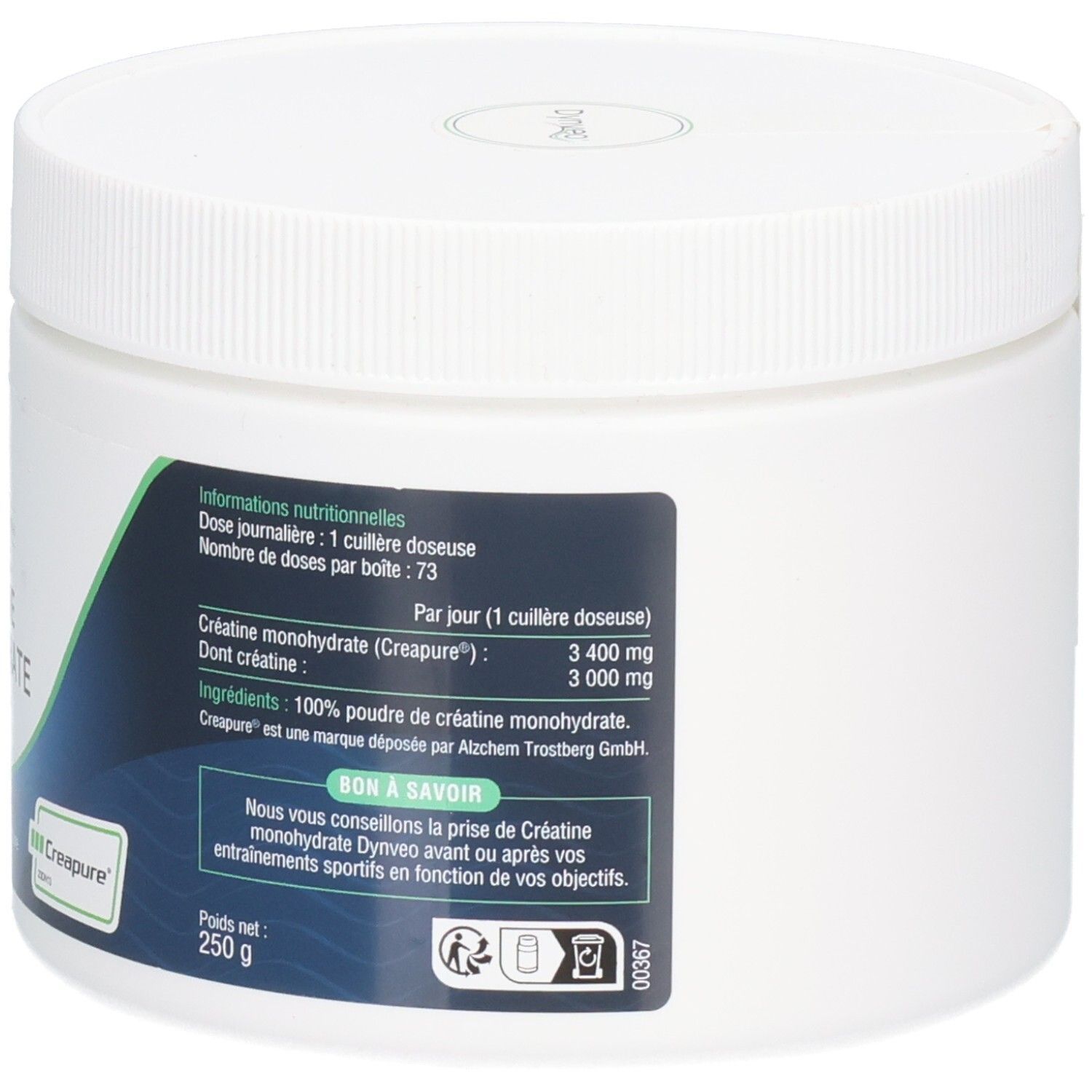 Pot blanc avec couvercle. Étiquette avec informations nutritionnelles. Texte : CRÉATINE MONOHYDRATE, 250 G. Logo Creapure.