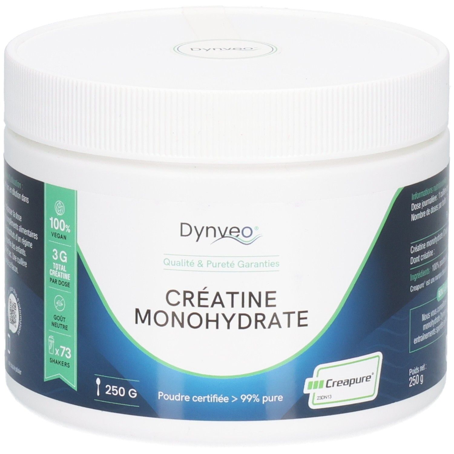 Pot blanc avec couvercle. Inscription : CRÉATINE MONOHYDRATE, 250 G, Dynveo. Étiquettes vertes et blanches avec informations. Logo Creapure.
