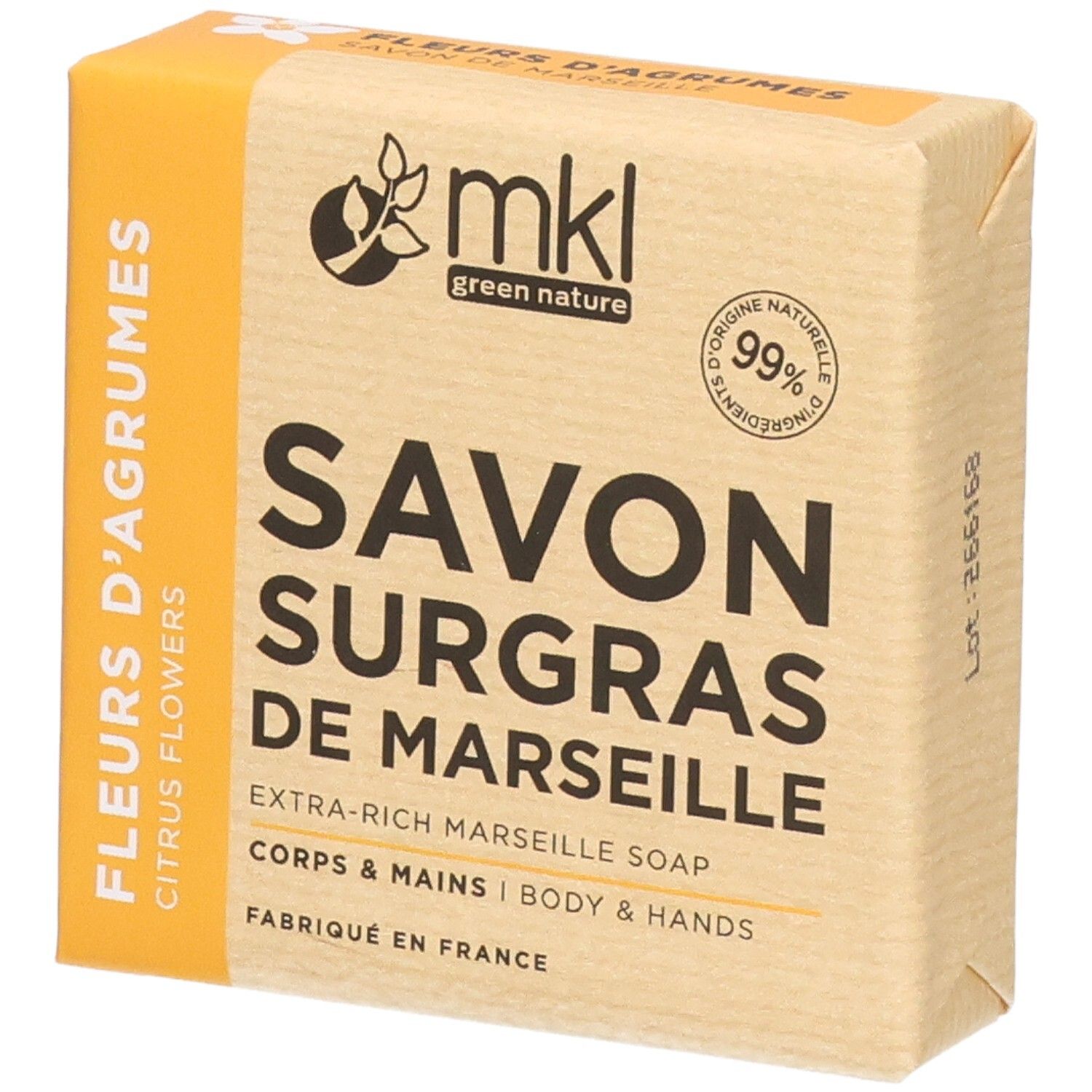 Savon de Marseille "Agrumes" MKL Green Nature, 100g. Sceau "99% d'ingrédients naturels".
