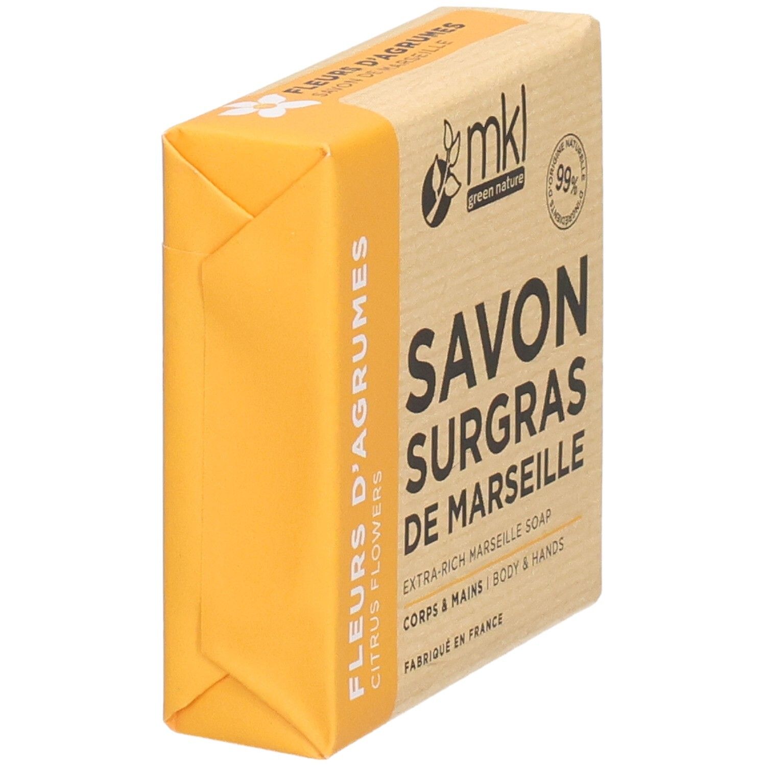 Savon de Marseille "Agrumes" MKL Green Nature, 100g. Vue latérale.