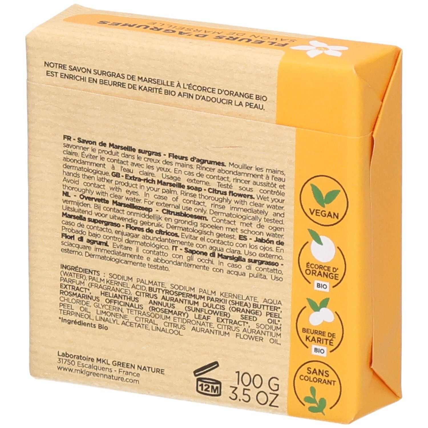 Dos du savon MKL Green Nature "Agrumes", 100g. Sceaux: Vegan, Écorce d'orange bio, Beurre de karité bio, Sans colorant.