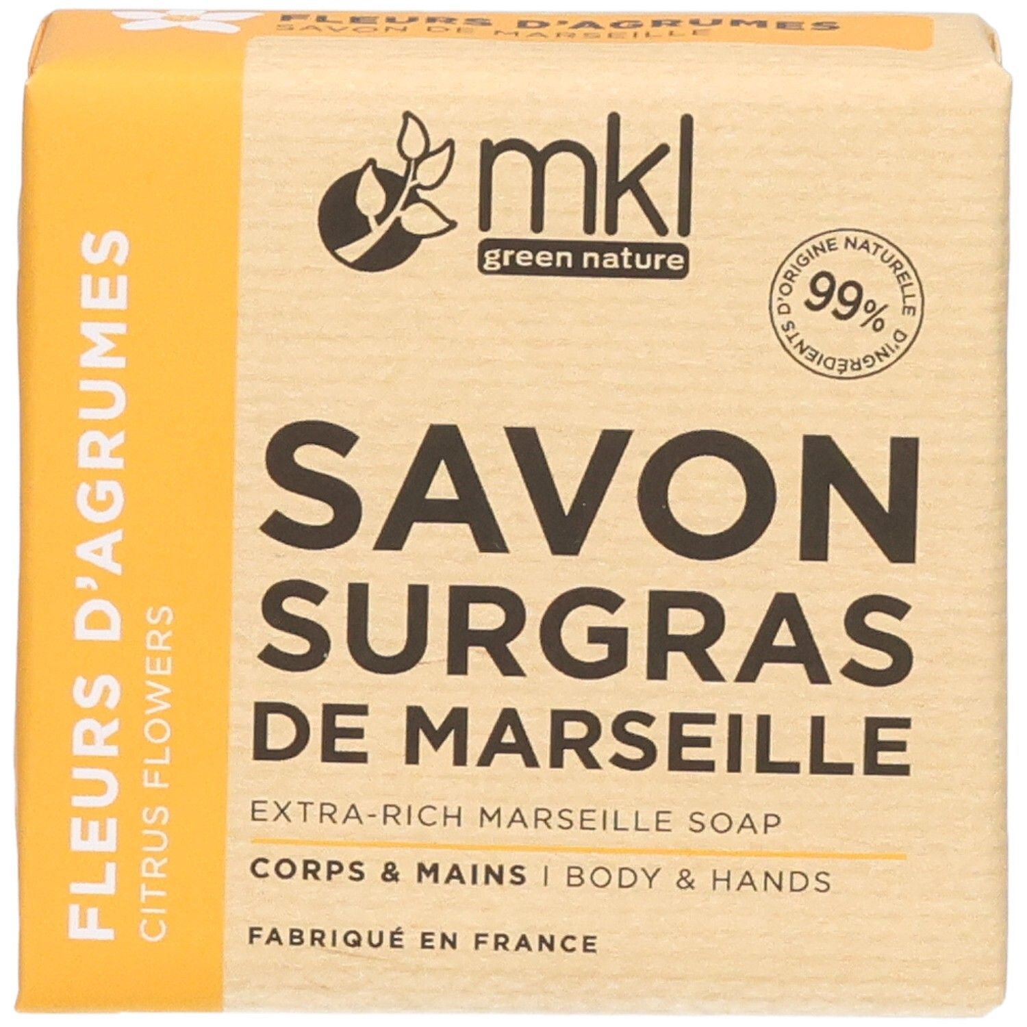Savon de Marseille "Agrumes" MKL Green Nature, 100g. Face avant avec logo et nom du produit.