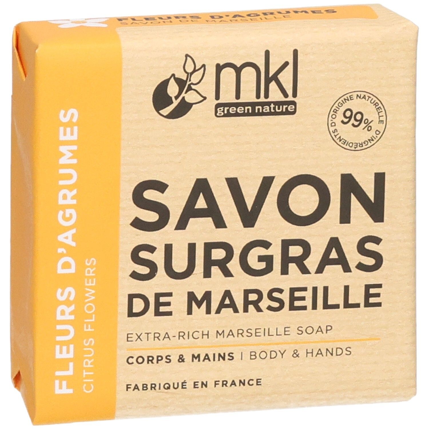 Savon de Marseille "Agrumes" MKL Green Nature, 100g. Vue en perspective de l'emballage.