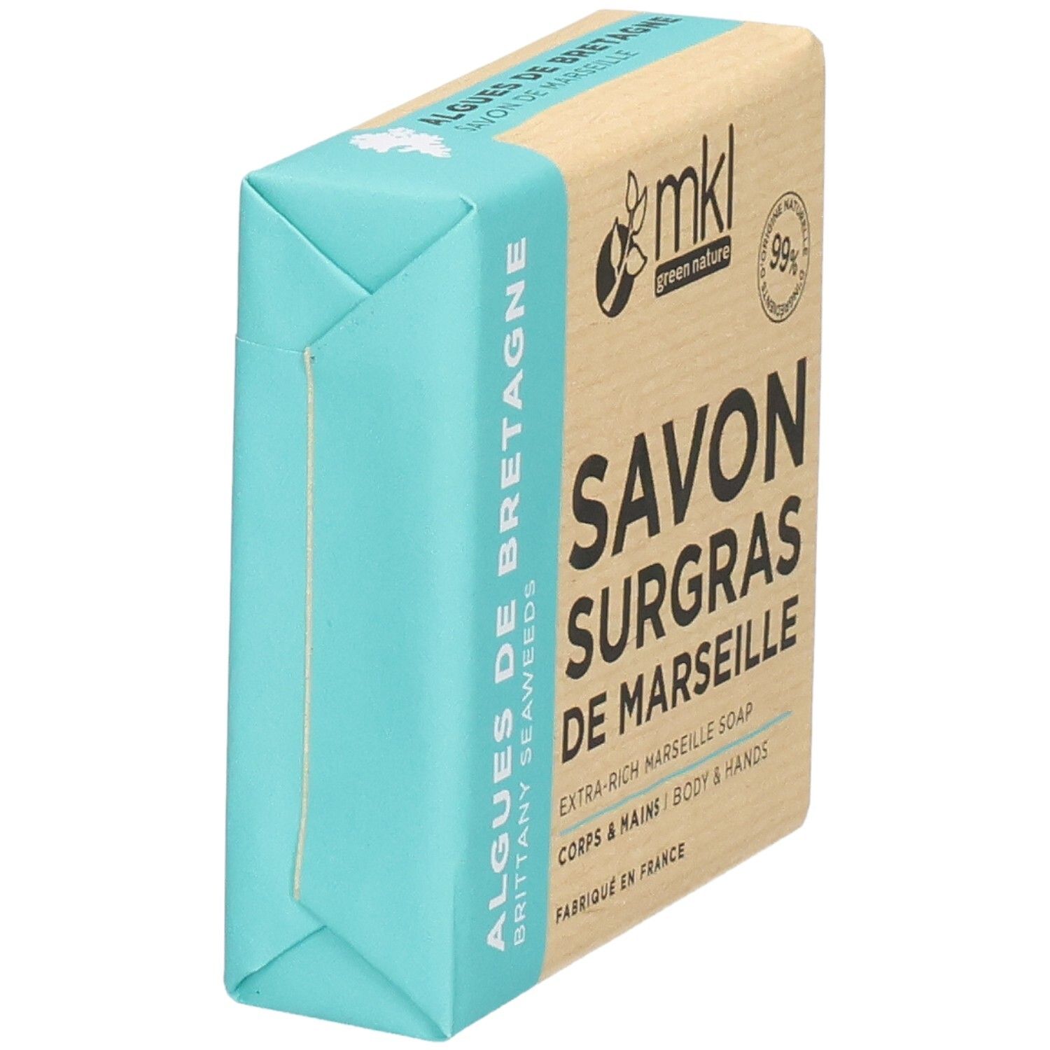 MKL Green Nature Savon Surgras aux Algues de Bretagne, vue latérale.