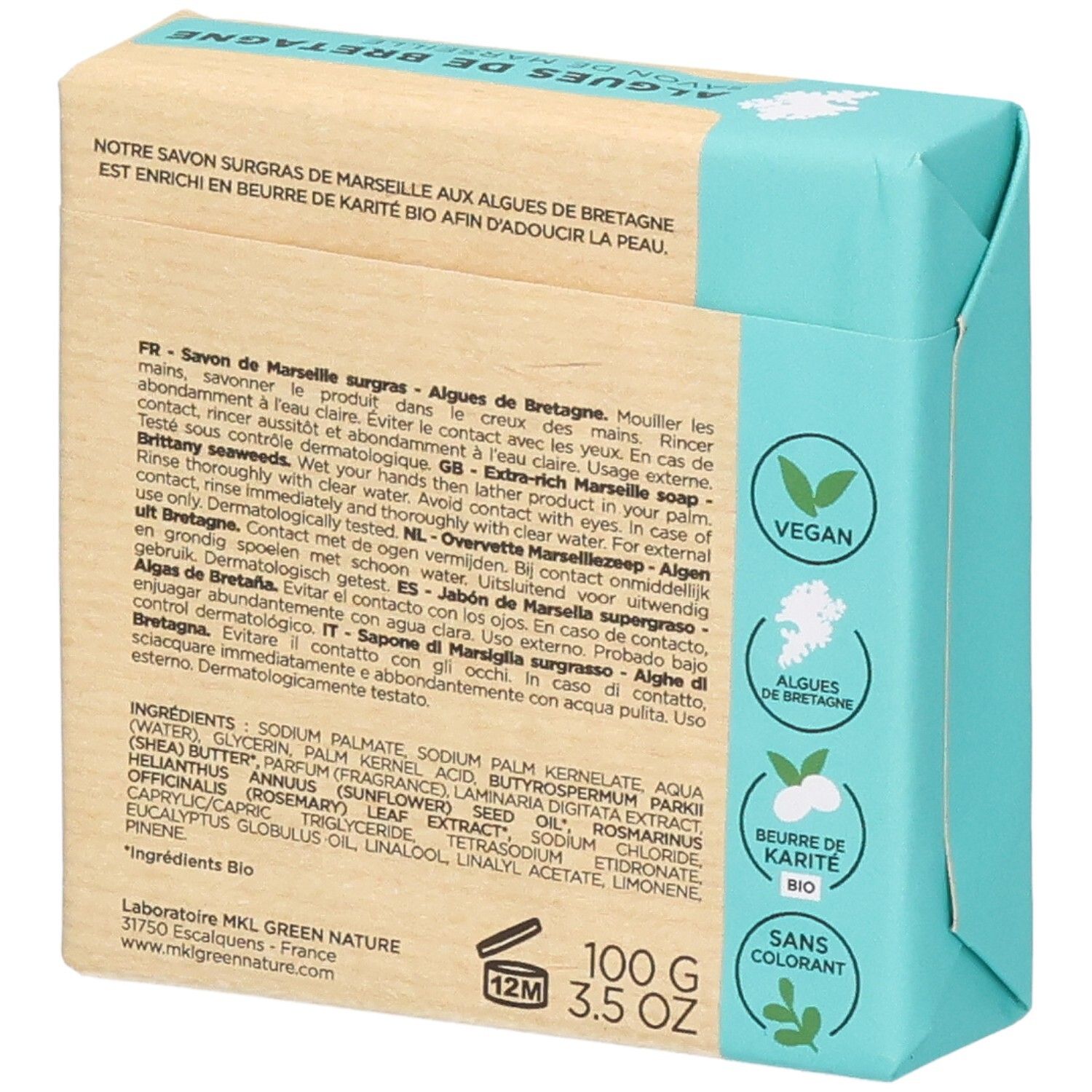 Arrière du MKL Green Nature Savon Surgras avec ingrédients et labels.