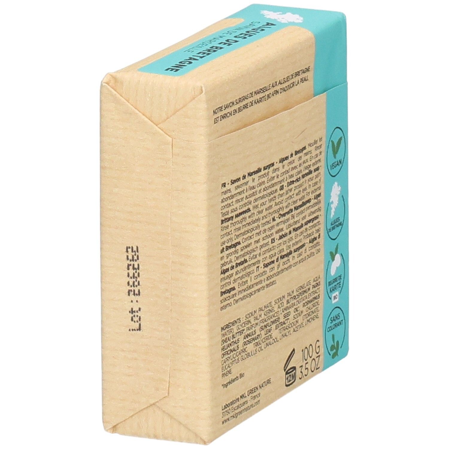 Arrière du MKL Green Nature Savon Surgras avec ingrédients et labels, en biais.