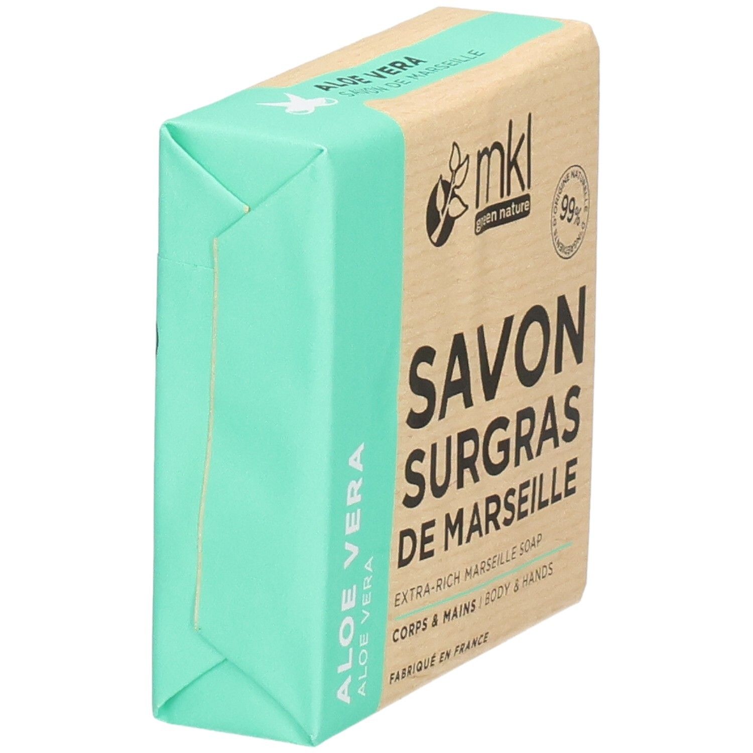 Savon Surgras de Marseille MKL Green Nature à l'Aloe Vera, vue latérale.