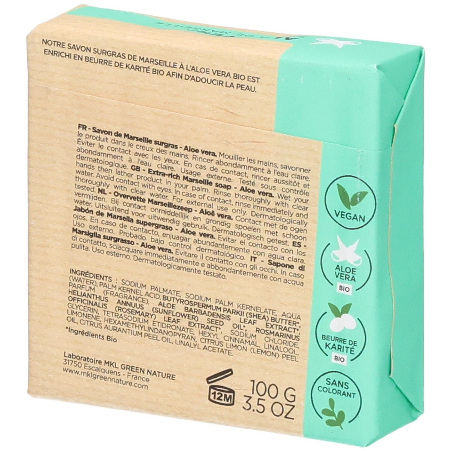 Dos du Savon Surgras de Marseille MKL Green Nature à l'Aloe Vera, ingrédients et labels.