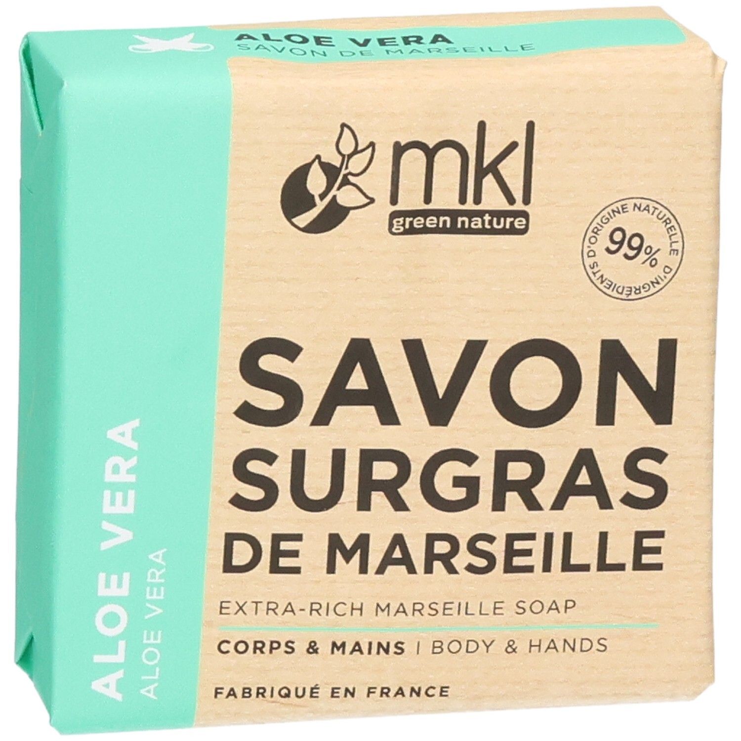 Face avant du Savon Surgras de Marseille MKL Green Nature à l'Aloe Vera.