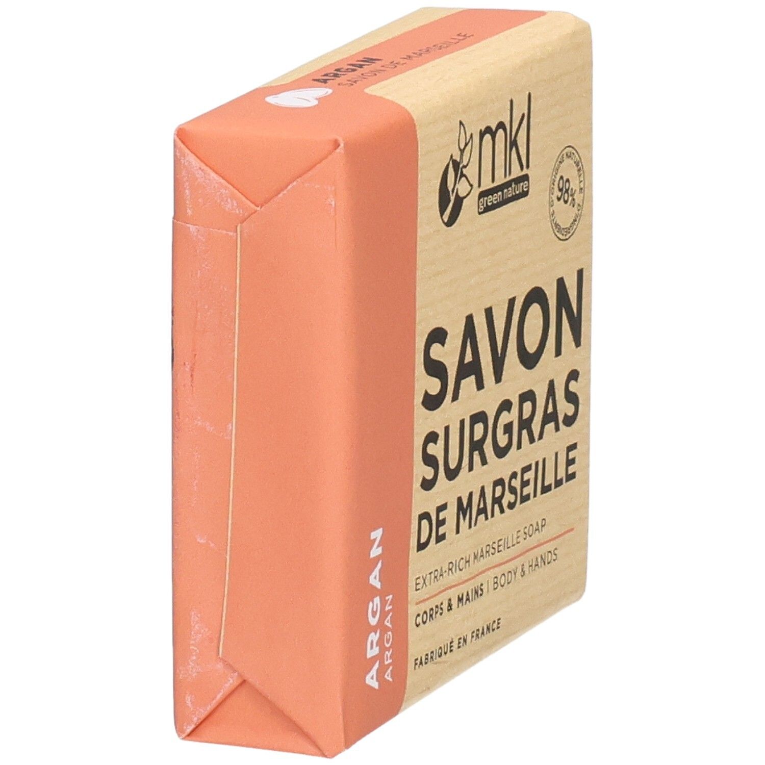 Savon de Marseille solide surgras Mkl Green Nature à l'huile d'argan, vue latérale.