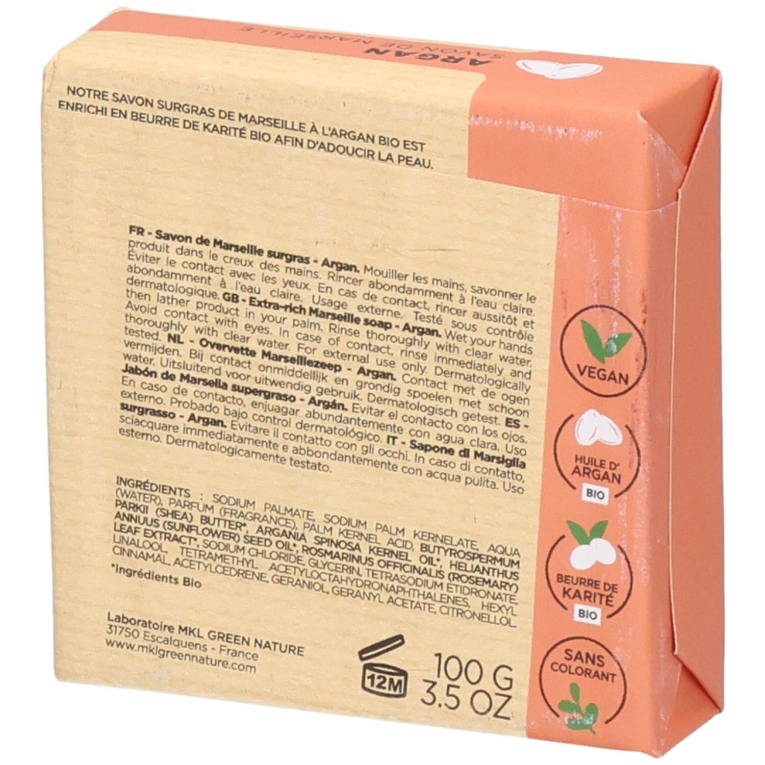 Dos du savon de Marseille solide surgras Mkl Green Nature à l'huile d'argan.