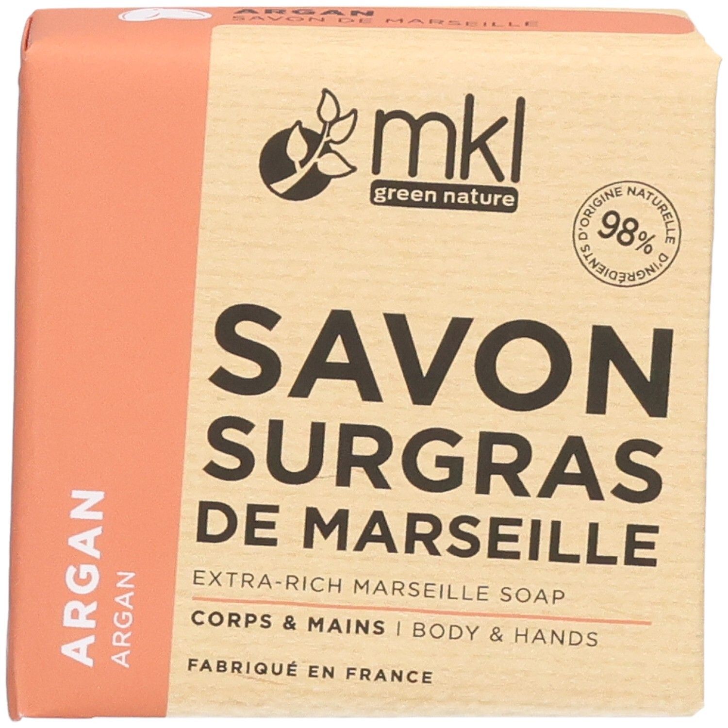 Savon de Marseille solide surgras Mkl Green Nature à l'huile d'argan, 100g.