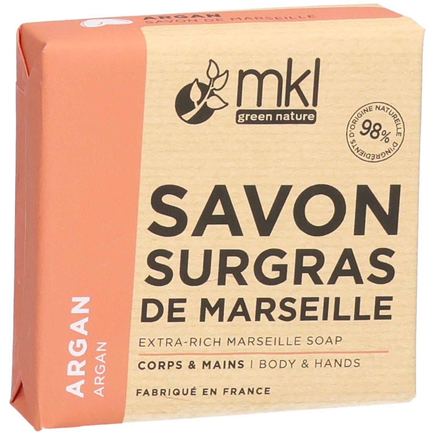 Savon de Marseille solide surgras Mkl Green Nature à l'huile d'argan, 100g.