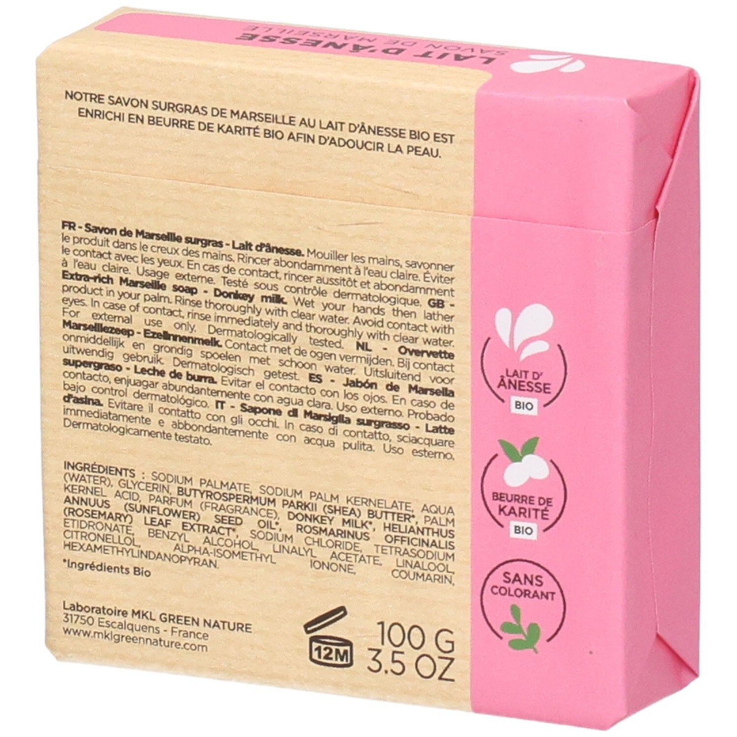 Dos du savon MKL Green Nature au lait d'ânesse, 100g.