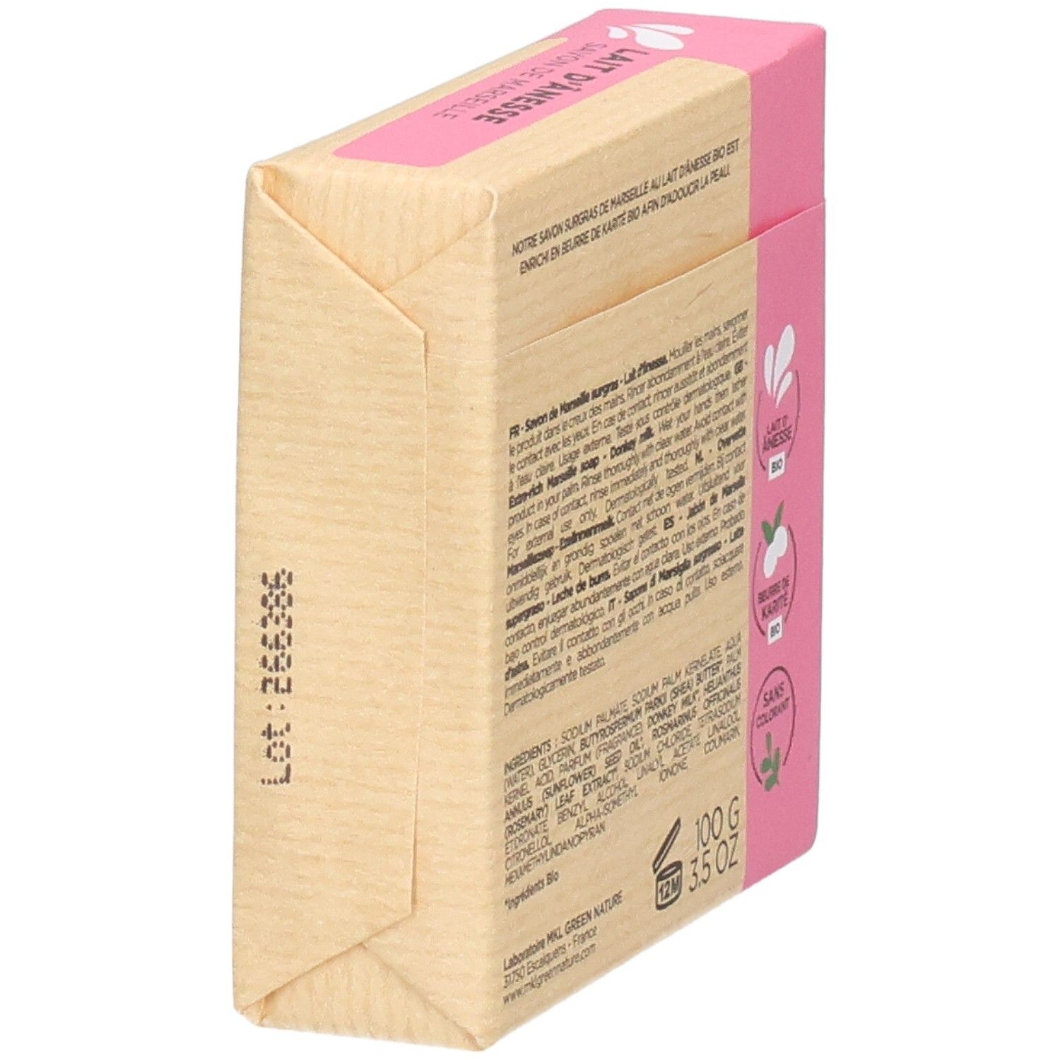 Vue latérale du savon MKL Green Nature au lait d'ânesse, 100g.