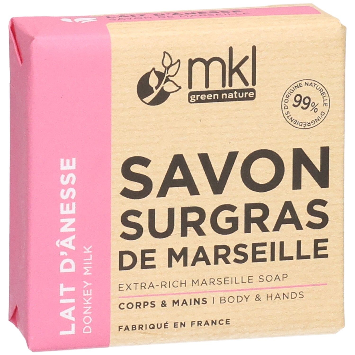 Avant du savon MKL Green Nature au lait d'ânesse, 100g.