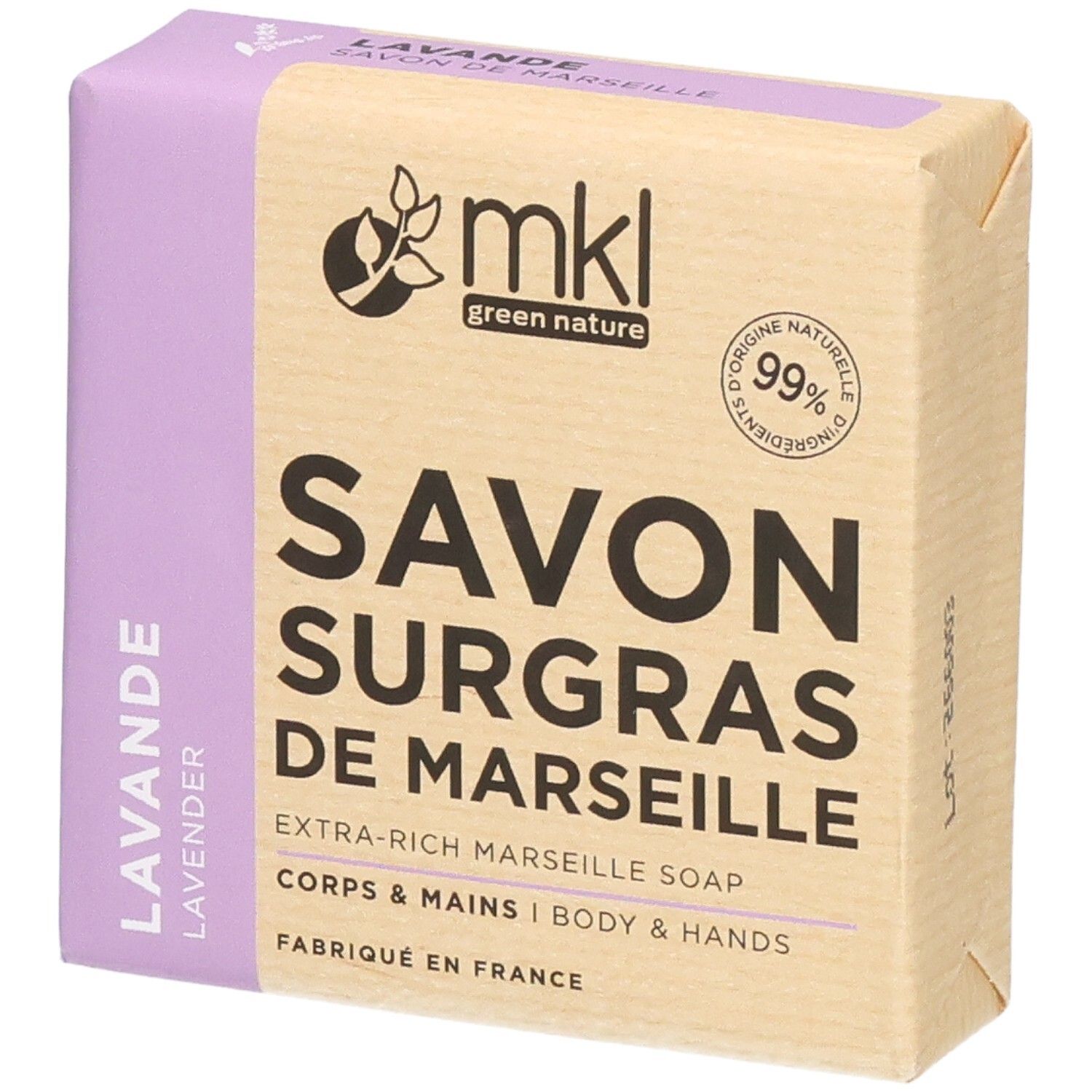 Savon de Marseille Lavande, extra-riche pour corps et mains. 99% d'ingrédients d'origine naturelle.