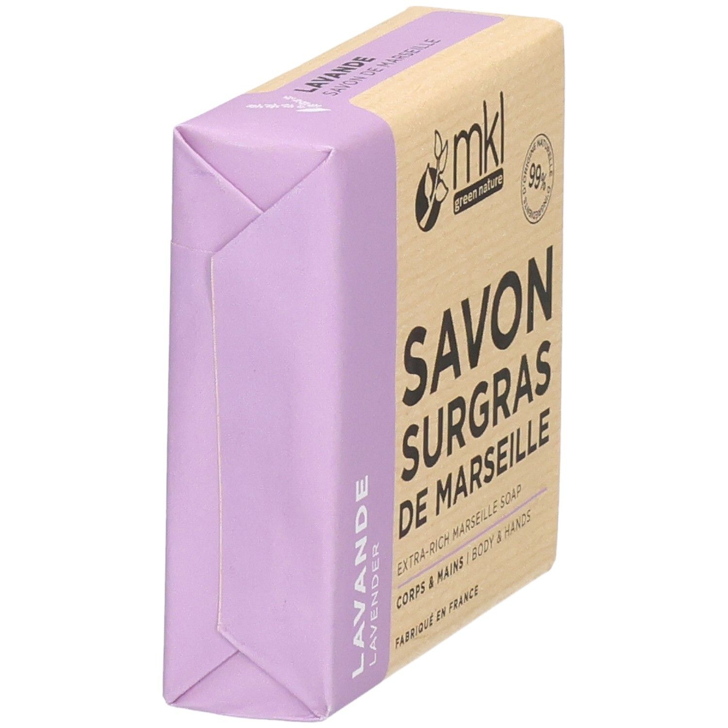 Savon surgras de Marseille à la lavande, emballé dans du papier.