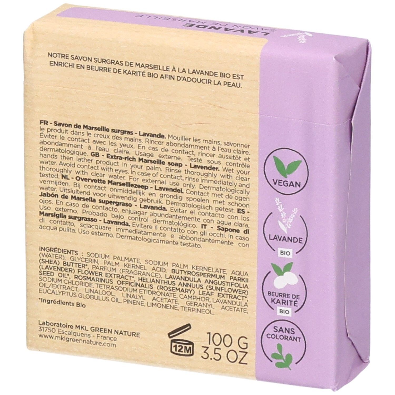 Savon de Marseille à la lavande et au beurre de karité, 100g.
