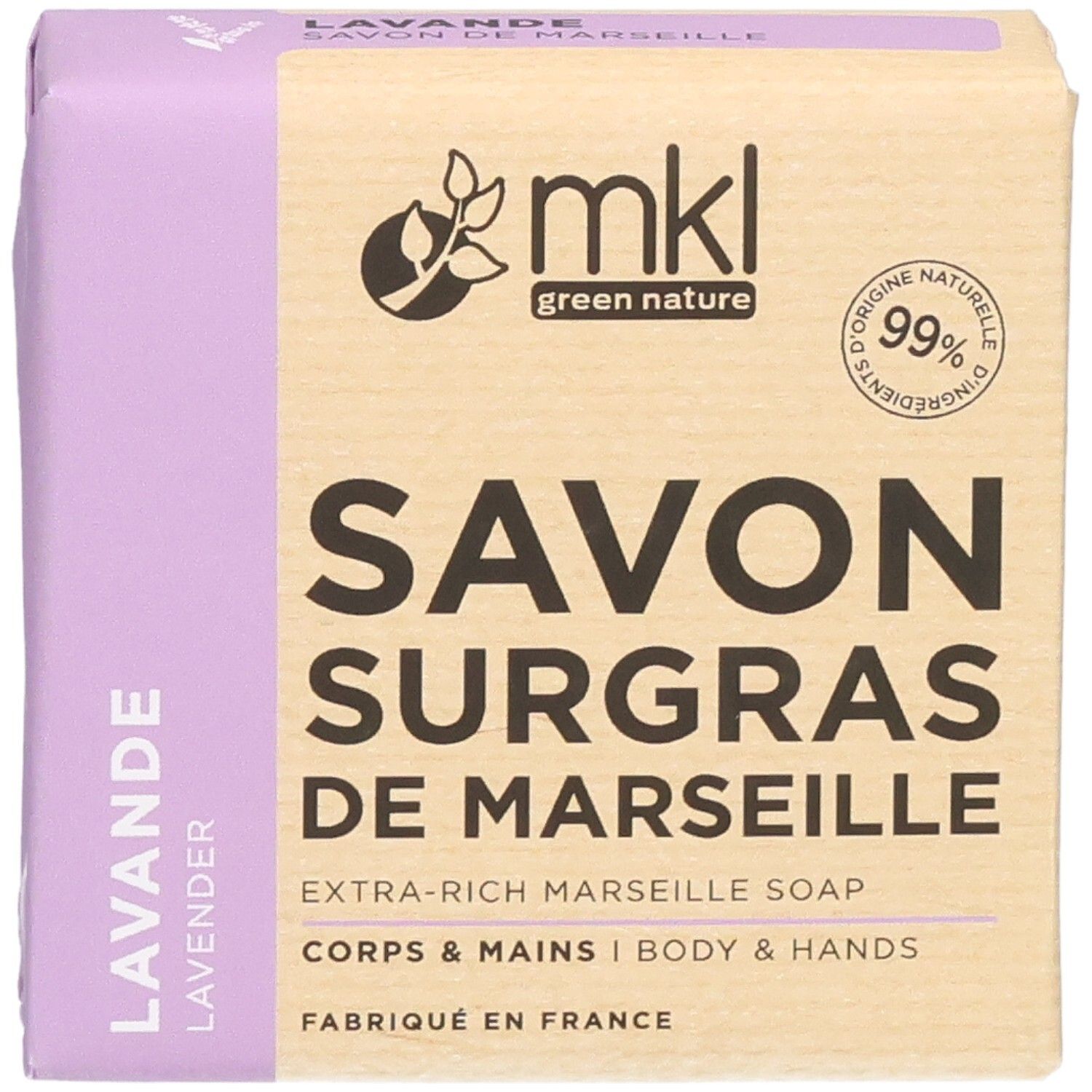 Emballage pour savon de Marseille MKL à la lavande, extra-riche, pour corps et mains.