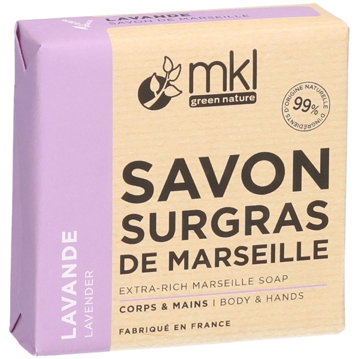 Savon de Marseille Lavande, 99% d'ingrédients naturels, pour corps et mains.