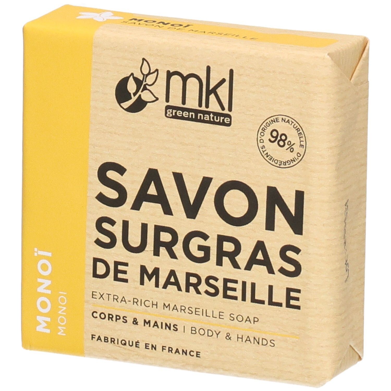 Savon de Marseille extra-gras, 98% d'ingrédients naturels, fabriqué en France.