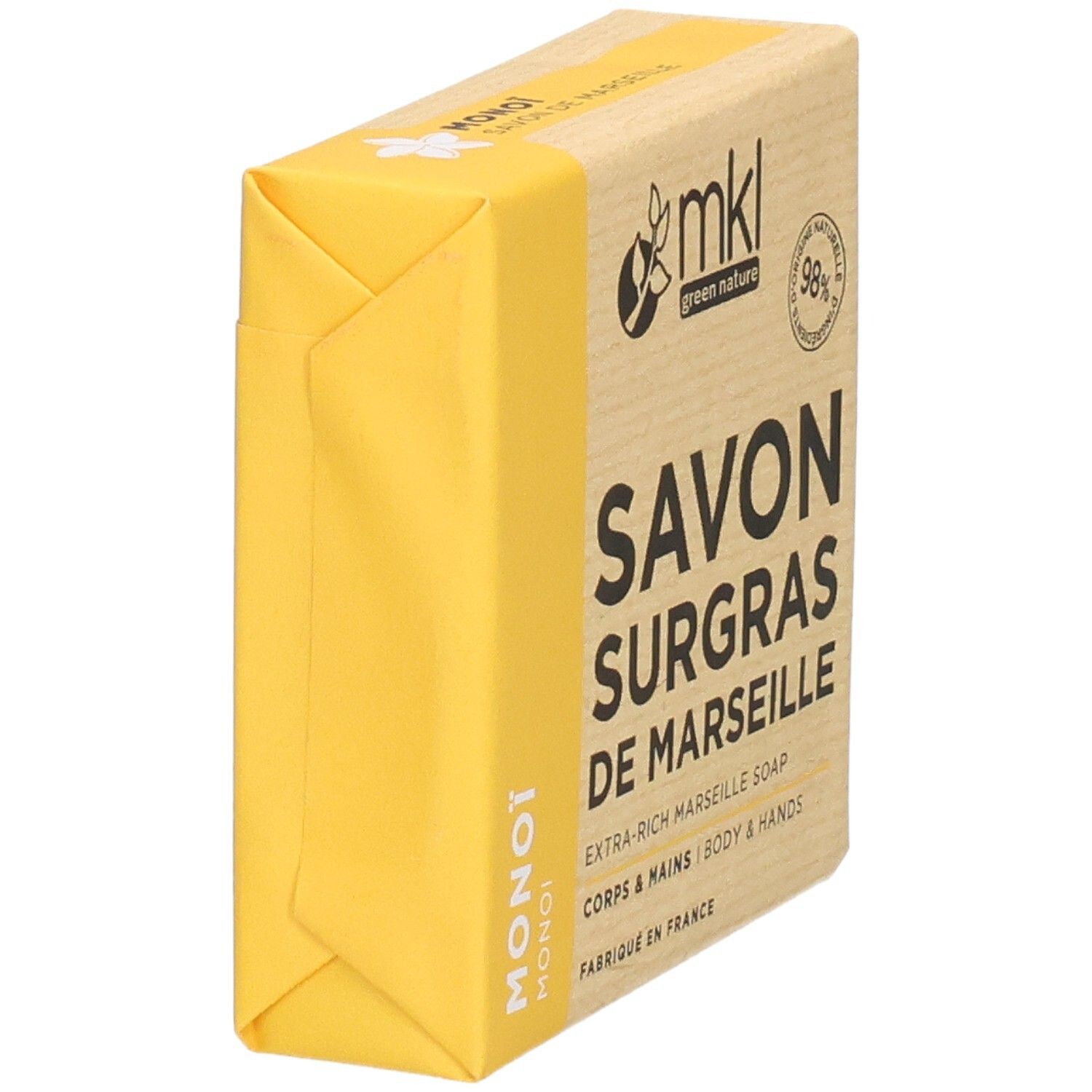 Savon de Marseille surgras, emballé dans du papier.