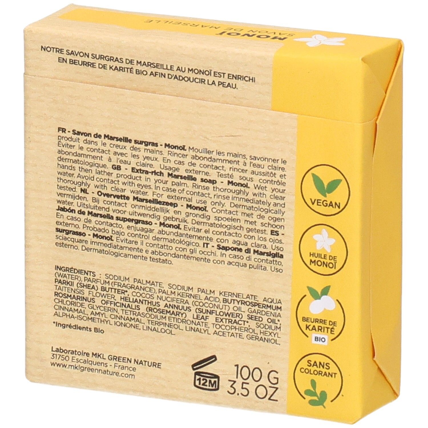 Emballage d'un savon de Marseille au monoï, enrichi au beurre de karité bio. Mention bio.