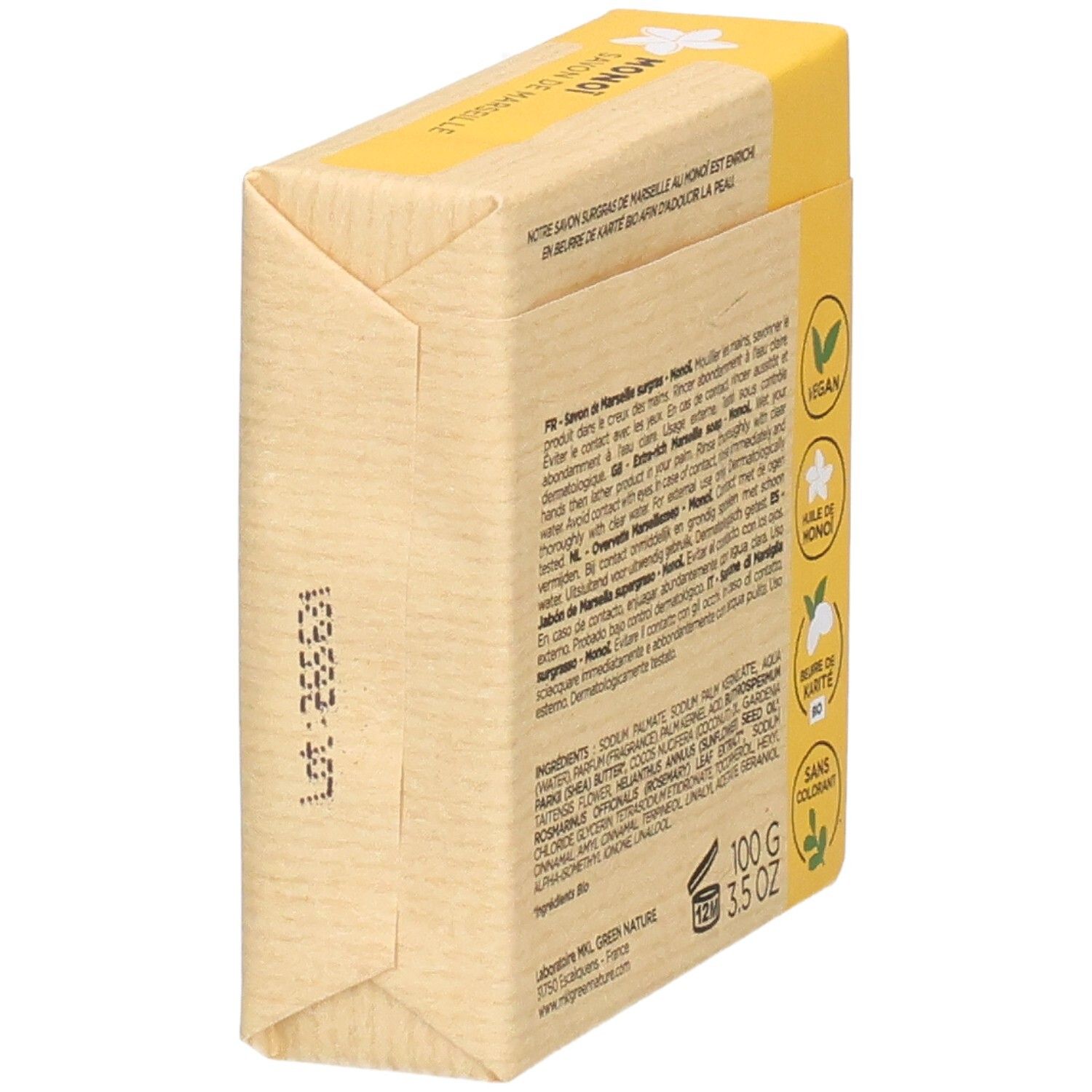 Savon de Marseille emballé à l'huile d'amande, 100g.