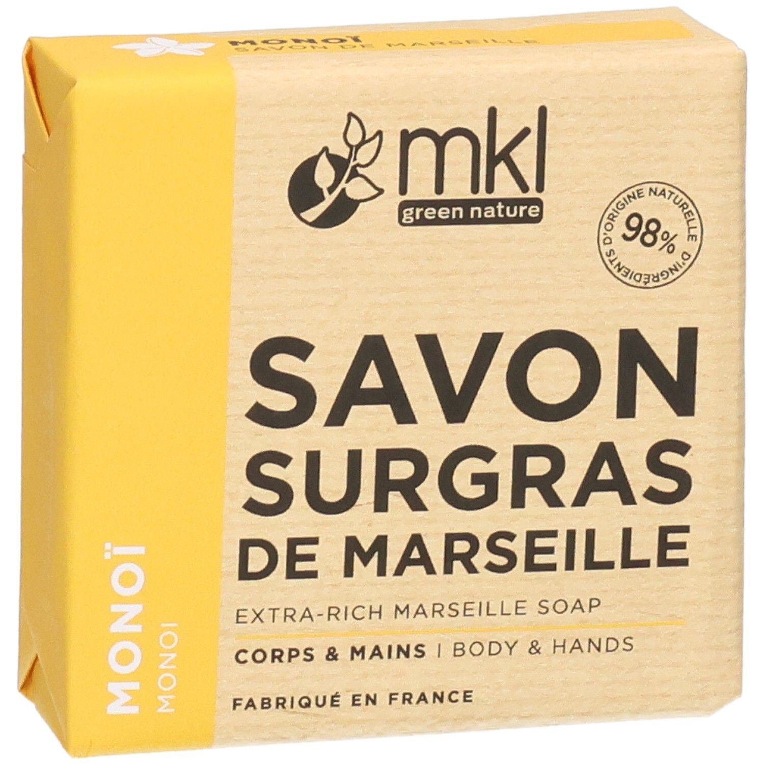 Emballage pour MKL Savon Surgras de Marseille, savon de Marseille extra-riche, 98% d'ingrédients naturels.