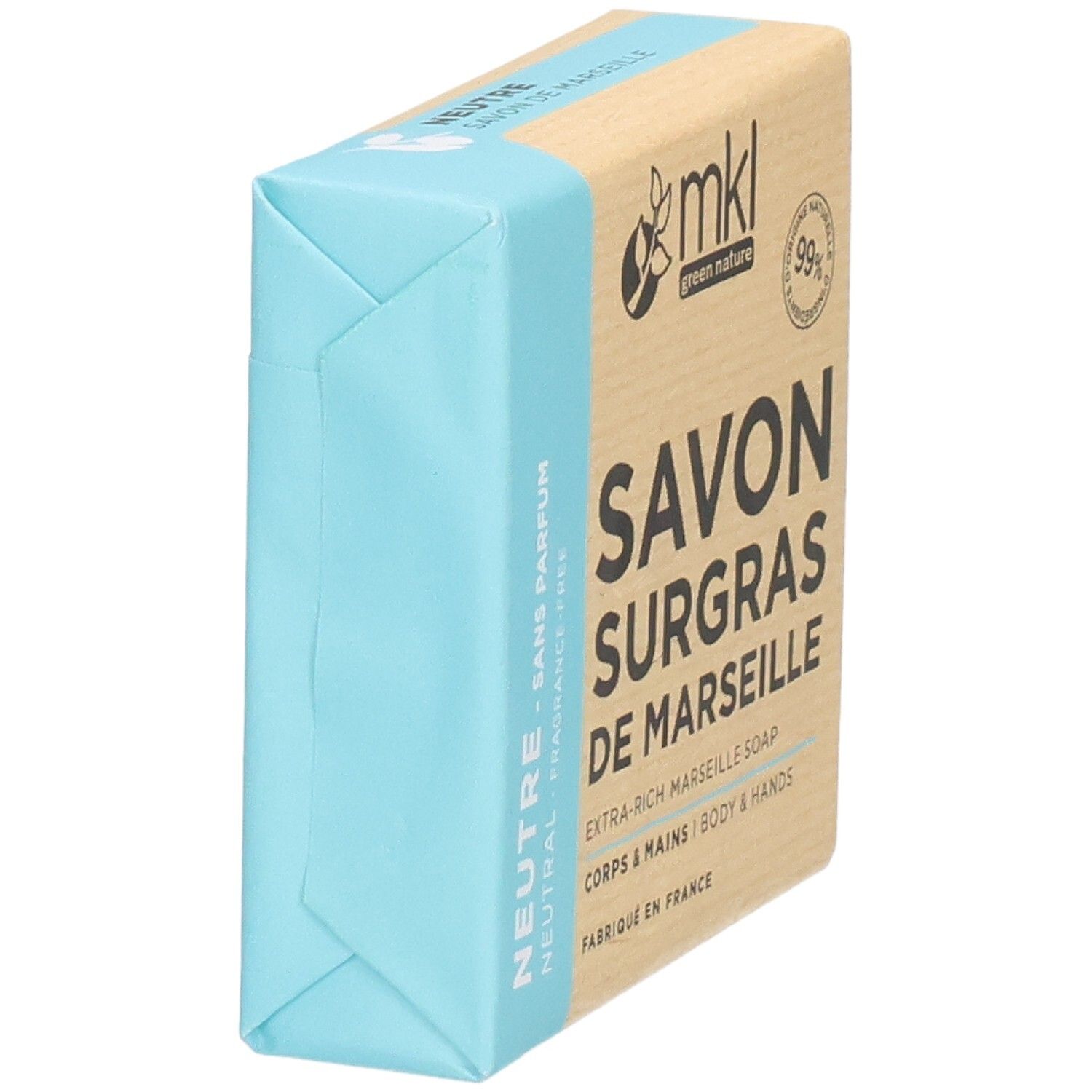 Savon Surgras de Marseille MKL Green Nature, côté neutre. 100g.