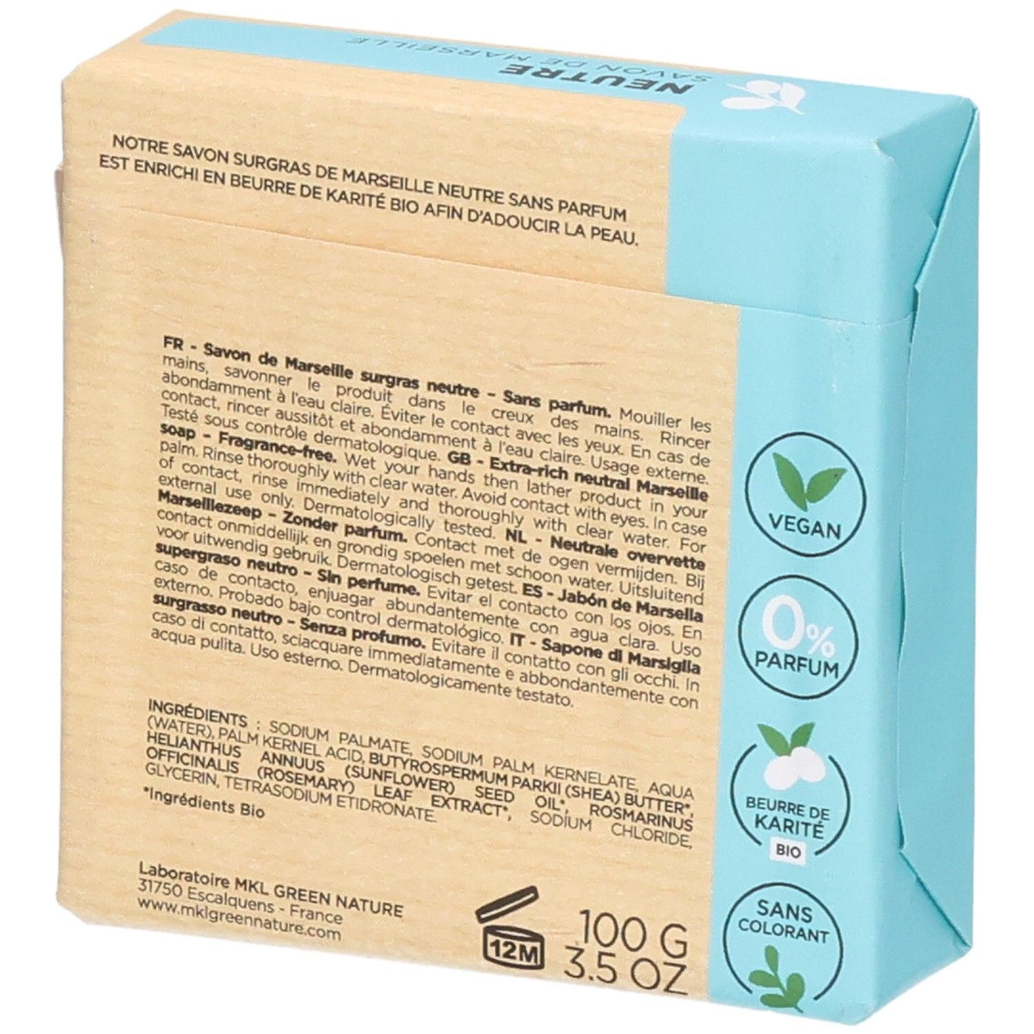 Dos MKL Green Nature Savon Surgras de Marseille avec ingrédients et labels. 100g.