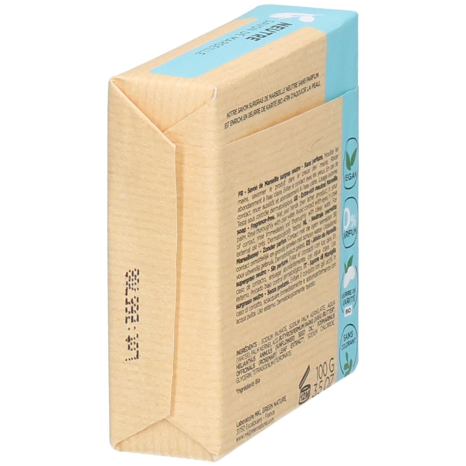 Vue latérale Savon Surgras de Marseille MKL Green Nature, 100g.