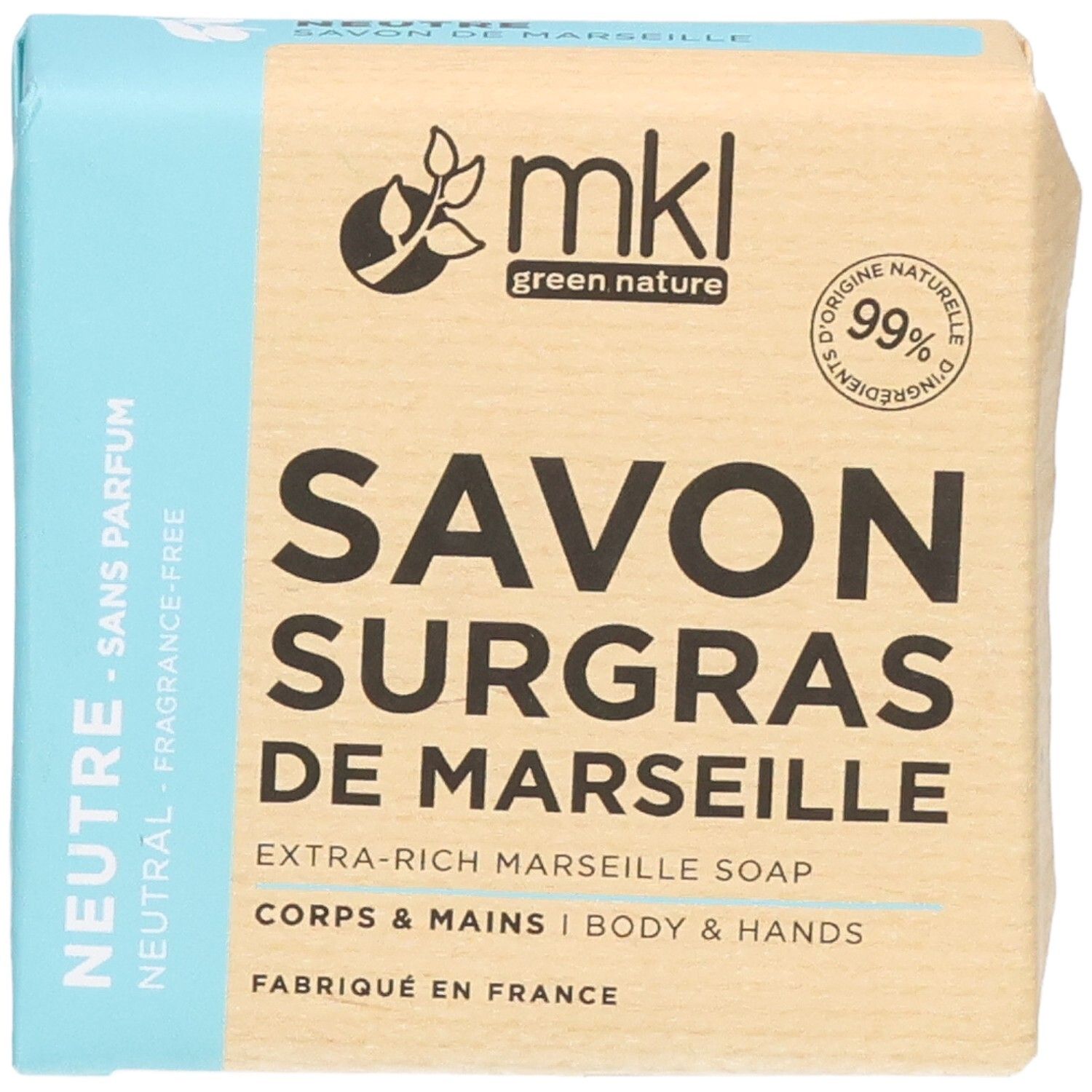 Savon Surgras de Marseille MKL Green Nature, face avant avec logo et texte. 100g.