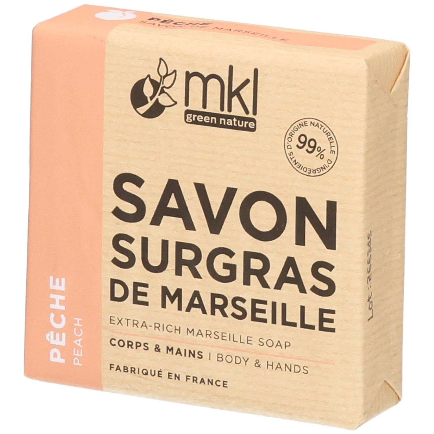 MKL Green Nature Savon Surgras de Marseille, Pêche. Boîte en carton avec informations produit.