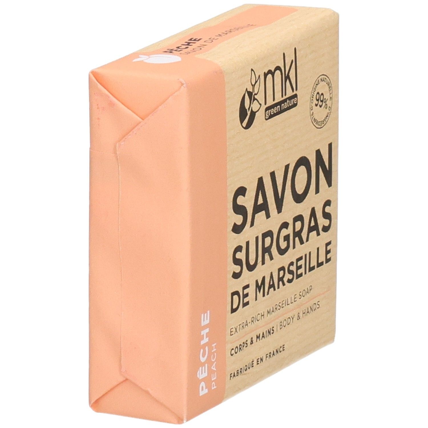 MKL Green Nature Savon Surgras de Marseille, Pêche. Vue latérale de la boîte en carton.