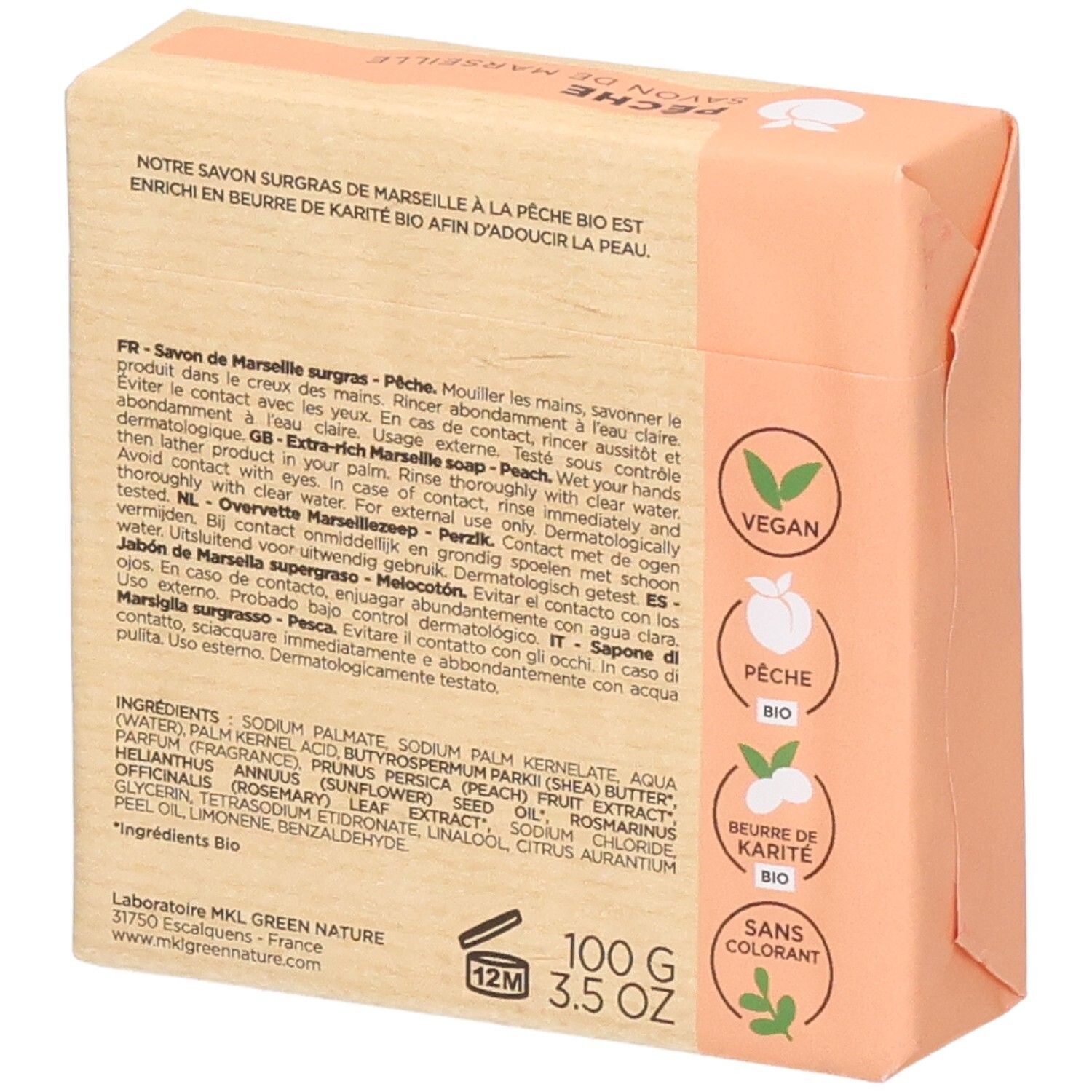 Arrière de l'emballage MKL Green Nature Savon Pêche. Contient ingrédients, labels et instructions.