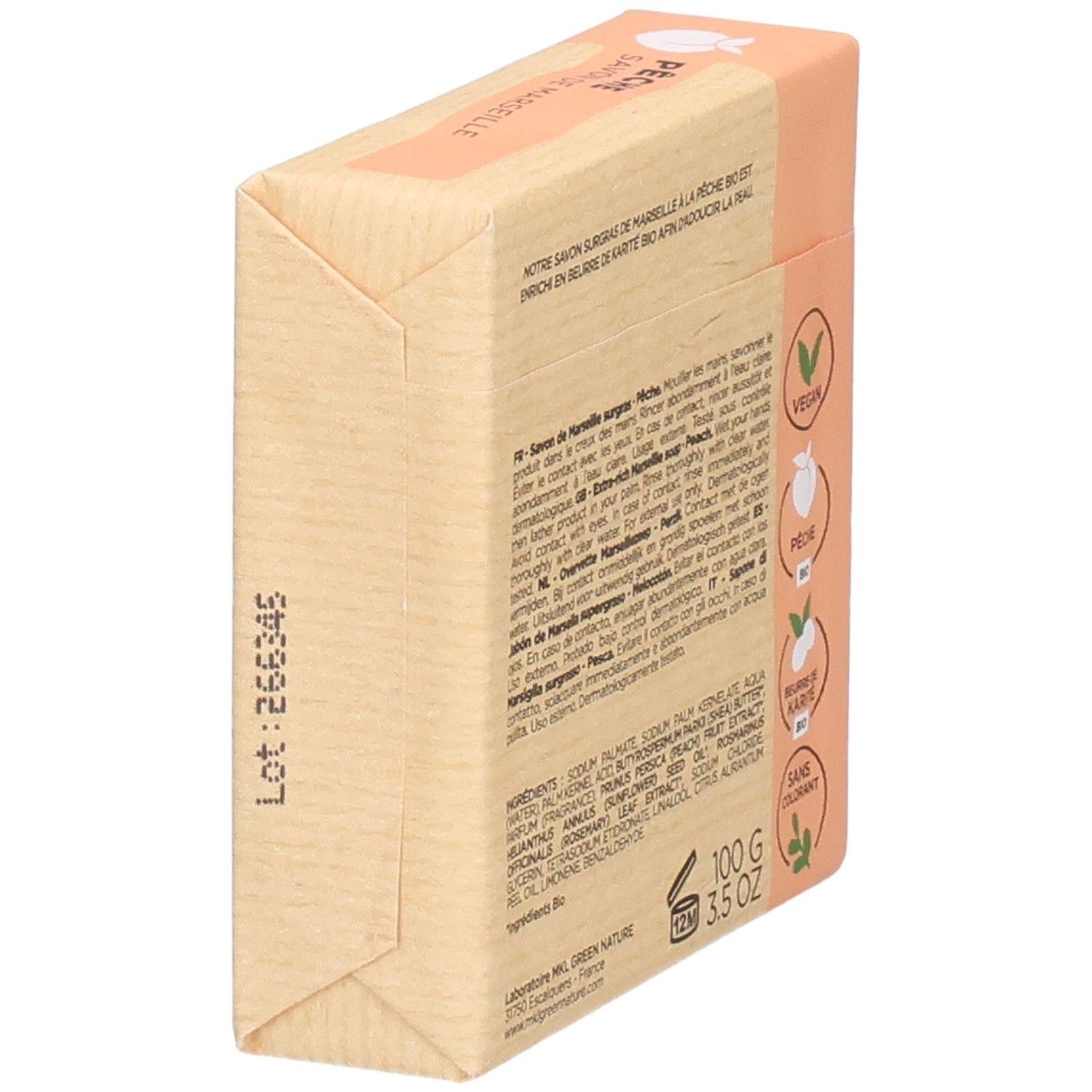 MKL Green Nature Savon Surgras de Marseille, Pêche. Vue latérale de la boîte en carton avec numéro de lot.